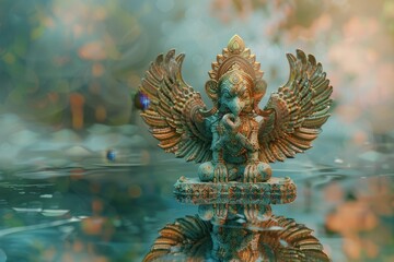 Obraz premium A statue of a bird with a gold head sits on a body of water