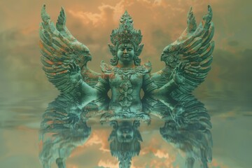 Fototapeta premium A statue of a man with wings is floating in a body of water