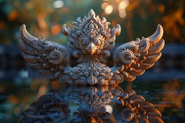 A statue of a bird with a gold head sits on a body of water