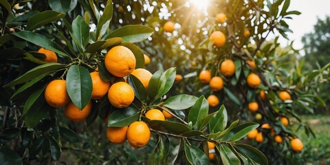 orange tree branch with fruits and leaves wide angle banner background agriculture and nature