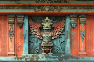Fototapeta premium A large ornate bird sculpture with a menacing face is carved into a red stone