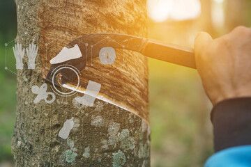 The gardener's hand is holding a knife and cutting against rubber.rubber tree that was tapped Latex...