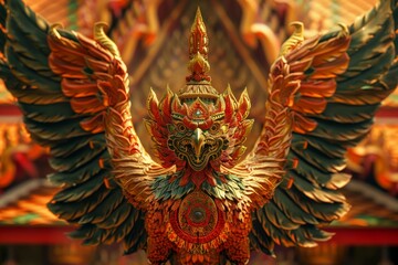 Fototapeta premium A gold and green bird with a red head and orange wings
