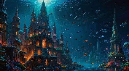 A futuristic underwater city gleams with grandeur and mystery. half-submerged skyscraper surrounded by shimmering coral reefs and schools of colorful fish. The city's towering buildings are adorned wi