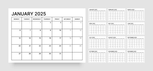 Monthly calendar template for 2025 year. Diary planner in a minimalist style. Week Starts on Monday. 