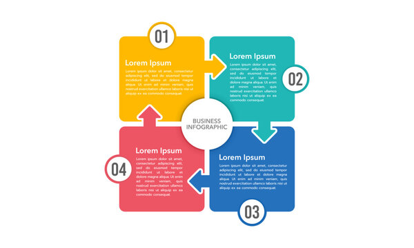 4 process or steps. Infographic element square and arrows design template. Business presentation, Report, Data, and Planning. Vector illustration.