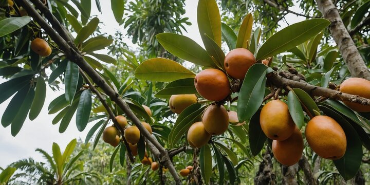 sapodilla tree branch with fruits and leaves wide angle banner background agriculture and nature