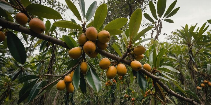 sapodilla tree branch with fruits and leaves wide angle banner background agriculture and nature
