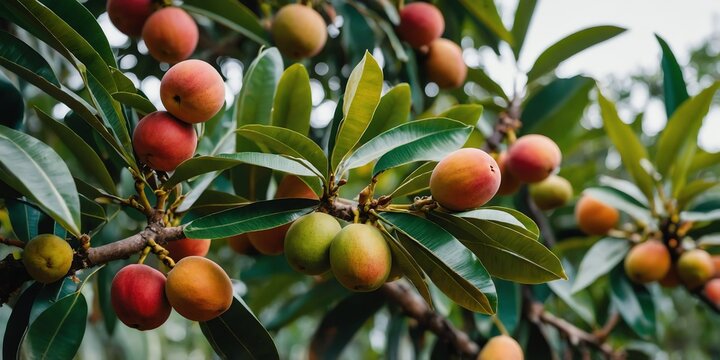 sapodilla tree branch with fruits and leaves wide angle banner background agriculture and nature