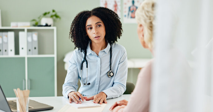 Doctor, woman or patient in consultation with paperwork for healthcare support, medical results or feedback. Medicine, expert or person with prescription notes for diagnosis, report or health service