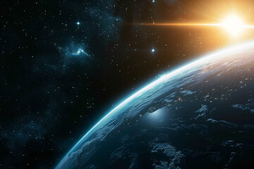 Earth in deep space with lighting sunlight and stars on black background