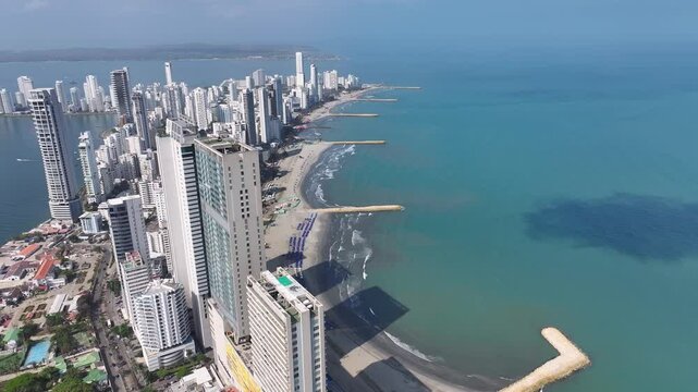 Bocagrande At Cartagena De Indias In Bolivar Colombia. Caribbean Seascape. Downtown City. Cartagena De Indias At Bolivar Colombia. Highrise Buildings Landscape. Cityscape Landmark.