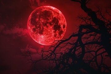 A red moon is in the sky above a tree with dark branches