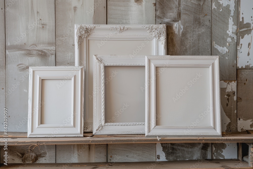 Poster white frames are on a shelf, with one of them being empty