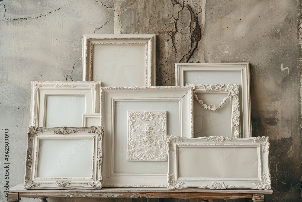 Poster white frames are on a shelf, with one of them being empty