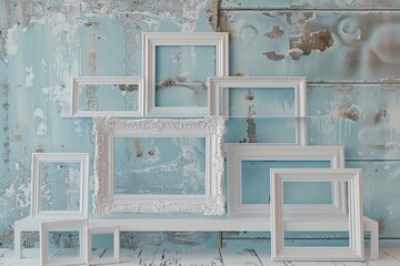 A row of white frames, each with a different size and shape