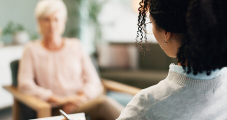 Psychology, therapist and patient or therapy with closeup in consultation for mental health support...