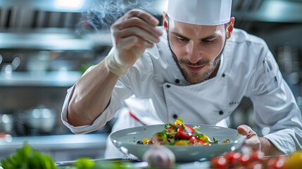 A dynamic chef in a crisp white uniform skillfully preparing a gourmet dish in a state-of-the-art kitchen. for culinary school advertisements or restaurant promotions.
