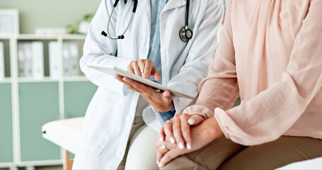 Clinic, tablet and hands of doctor with patient for consulting, medical service and help in...