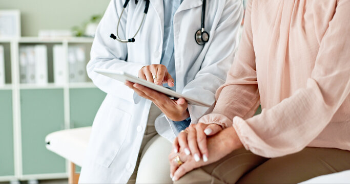 Clinic, tablet and hands of doctor with patient for consulting, medical service and help in hospital. Healthcare, telehealth and people on digital tech for diagnosis, online results and insurance