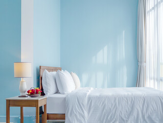 Elegant hotel room interiors with modern furniture and copyspace. Interior design composition soft tones.