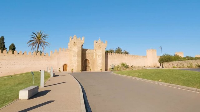 Historical Chellah in Rabat, Morocco on a sunny day, showing ancient fortress walls and a curved road