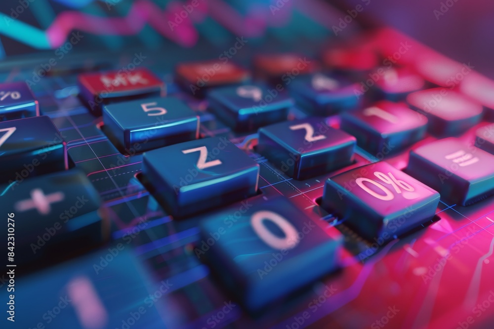 Poster a calculator with a blue background and red buttons