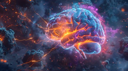 A glowing brain with light blue and purple veins connected to multiple wires that lead into the center of an orange energy source, set against deep space background.