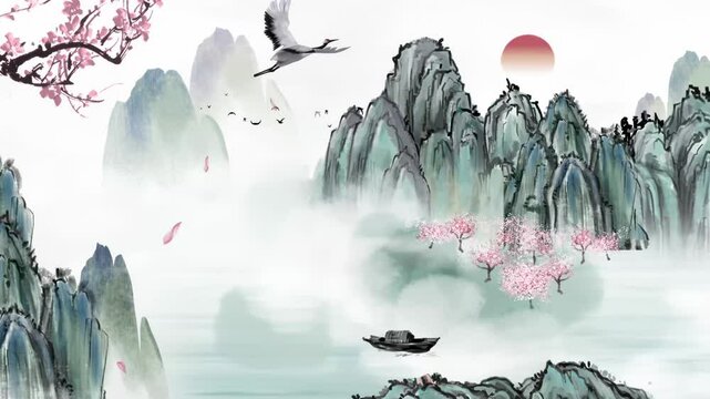 Fantasy bright ambience landscape of beautiful morning sky, mountains, flowers, lake, ancient house with simple animation in Japanese Chinese anime watercolour style.