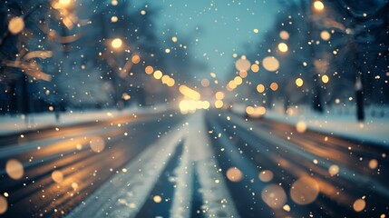 Fototapeta premium Snowy city street with glowing streetlights and falling snow, creating a vibrant and magical winter night scene.