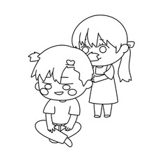 A boy and girl are sitting together and the girl is giving the boy a haircut