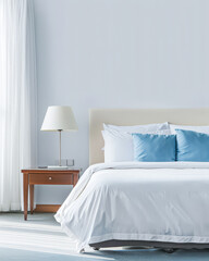 Elegant hotel room interiors with modern furniture and copyspace. Interior design composition soft tones.