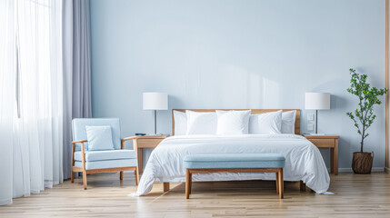 Fototapeta premium Elegant hotel room interiors with modern furniture and copyspace. Interior design composition soft tones.