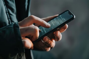Person holding broken screen smartphone with both hands. Close-up shot of hands using a black smartphone in a dark environment. Technology and communication concept for design and print.