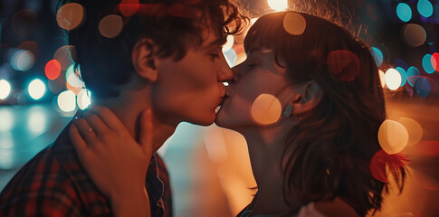 A young man and woman kiss each other, city lights in the background. Close up photo taken with Sony Alpha A7R IV mirrorless camera, wide angle lens with sharp focus, cinematic lighting, volumetric li