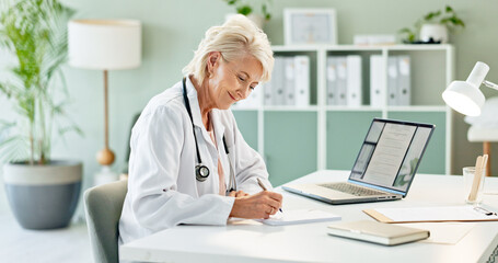 Hands, doctor and scroll on tablet in hospital for telehealth, contact or notification on application. Medic, digital touchscreen and click for review, report or notes for research at wellness clinic