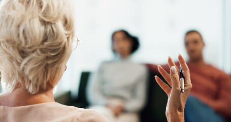 Therapist, hands and counseling with couple for psychology with marriage consultation and mental health support. Psychologist, discussion or expert advice for divorce, relationship assessment or help