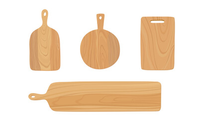 Set of wooden cutting board. Round, rectangle, long shape. Hand drawn vector illustration.