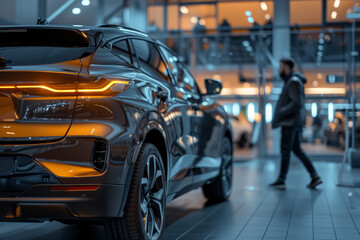 Obraz premium A man walks away from a shiny new car, signifying the conclusion of a successful car purchase deal in a modern car dealership showroom