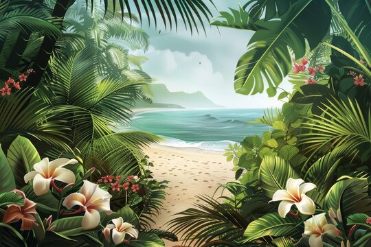 photograph of a tropical rainforest with flowers and palm leaves in the beach, highly detailed in the style of nature