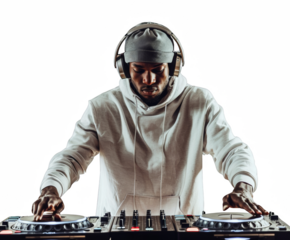 a young man in a white hoodie and grey cap, with headphones on his head playing music from the DJ console against a clean white background.