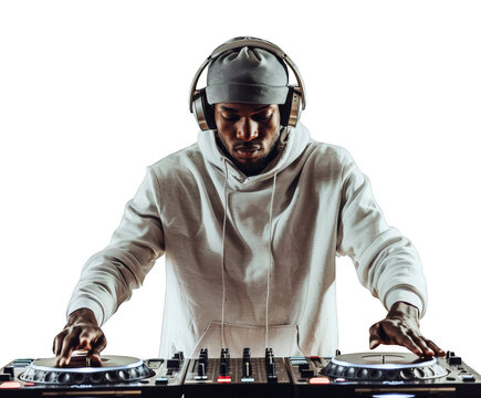 a young man in a white hoodie and grey cap, with headphones on his head playing music from the DJ console against a clean white background.