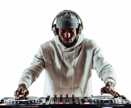 a young man in a white hoodie and grey cap, with headphones on his head playing music from the DJ console against a clean white background.
