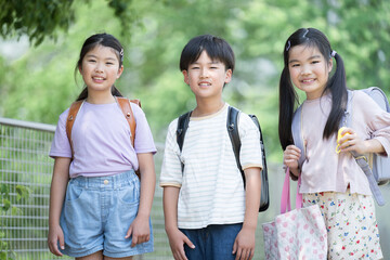 Elementary school students walking to school with school bags on their backs amidst beautiful fresh greenery; image of good friends and classmates looking at each other for the camera