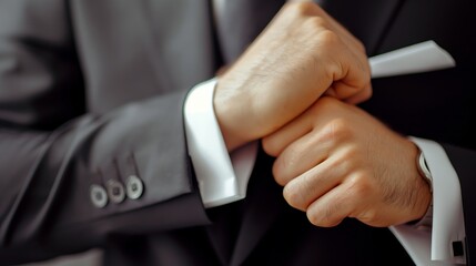 Obraz premium Clasp of a businessman's hands, indicating readiness, professionalism or tension in a corporate setting