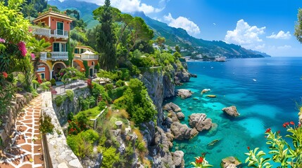 A panoramic view of the Amalfi Coast, showcasing colorful buildings and lush greenery along its cliffs overlooking blue waters in Italy.