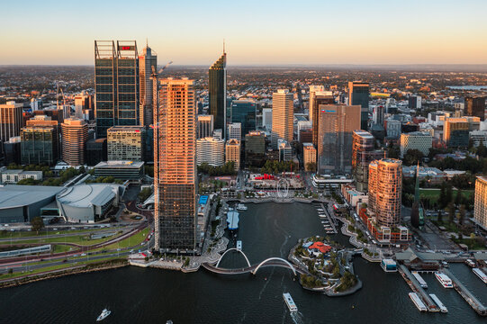 Aerial view of downtown skyline at sunset, Perth, Western Australia, Australia