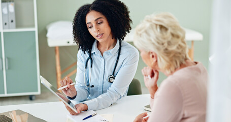 Woman, doctor and consulting patient with tablet for medication, prescription or diagnosis at...