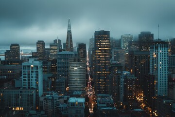 Obraz premium A cinematic photo of the San Francisco skyline at dusk, shot from an apartment window. An overcast sky with a low angle and dark tones, city lights on buildings.
