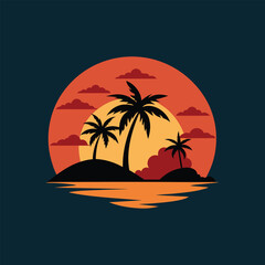 Tropical Beach at Sunset with Island vector illustration 